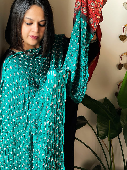 Rama Green Bandhani with Ajrakh Dupatta in Modal Silk