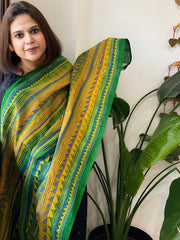Yellow, Green Handmade Kantha Dupatta in Silk