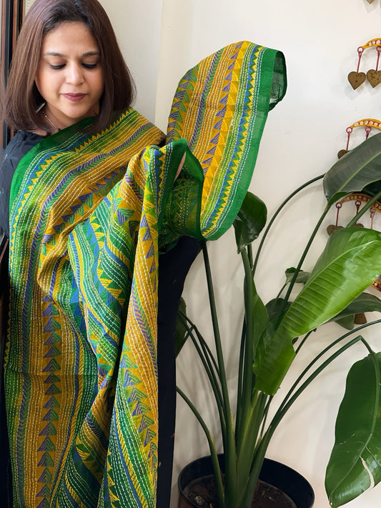 Yellow, Green Handmade Kantha Dupatta in Silk
