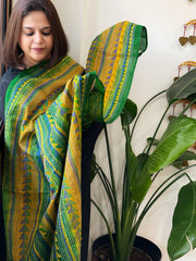 Yellow, Green Handmade Kantha Dupatta in Silk