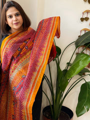 Yellow, Pink Handmade Kantha Dupatta in Silk