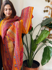 Yellow, Pink Handmade Kantha Dupatta in Silk