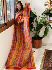 Yellow, Pink Handmade Kantha Dupatta in Silk