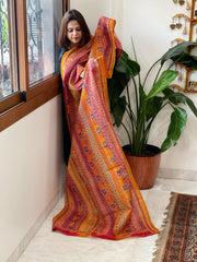 Yellow, Pink Handmade Kantha Dupatta in Silk