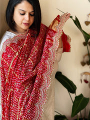 Red Gharchola Dupatta with Heavy Scalloped Attached Border in Pure Gajji Silk