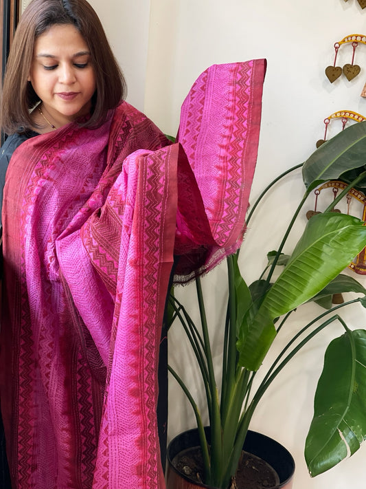 Pink, Maroon Handmade Kantha Dupatta in Silk