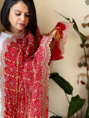 Red Gharchola Dupatta with Heavy Scalloped Attached Border in Pure Gajji Silk