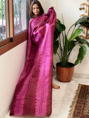 Pink, Maroon Handmade Kantha Dupatta in Silk