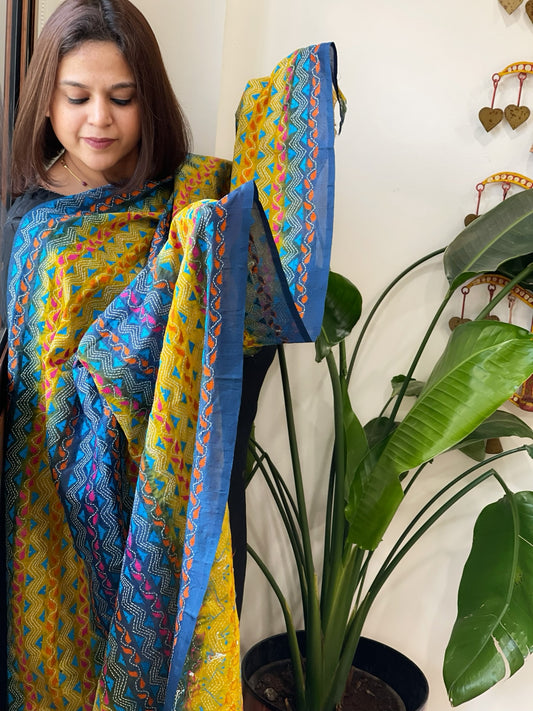 Yellow, Blue Handmade Kantha Dupatta in Silk