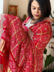 Red Gharchola Dupatta with Heavy Scalloped Attached Border in Pure Gajji Silk