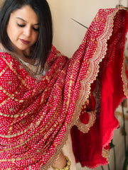 Red Gharchola Dupatta with Heavy Scalloped Attached Border in Pure Gajji Silk