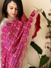 Pink Gharchola Dupatta with Heavy Scalloped Attached Border in Pure Gajji Silk