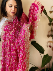 Pink Gharchola Dupatta with Heavy Scalloped Attached Border in Pure Gajji Silk