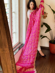 Pink Gharchola Dupatta with Heavy Scalloped Attached Border in Pure Gajji Silk