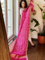 Pink Gharchola Dupatta with Heavy Scalloped Attached Border in Pure Gajji Silk