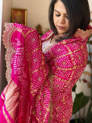 Pink Gharchola Dupatta with Heavy Scalloped Attached Border in Pure Gajji Silk