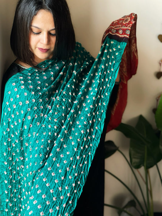 Rama Green Bandhani with Ajrakh Dupatta in Modal Silk