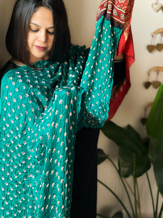 Rama Green Bandhani with Ajrakh Dupatta in Modal Silk