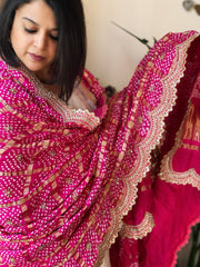 Pink Gharchola Dupatta with Heavy Scalloped Attached Border in Pure Gajji Silk