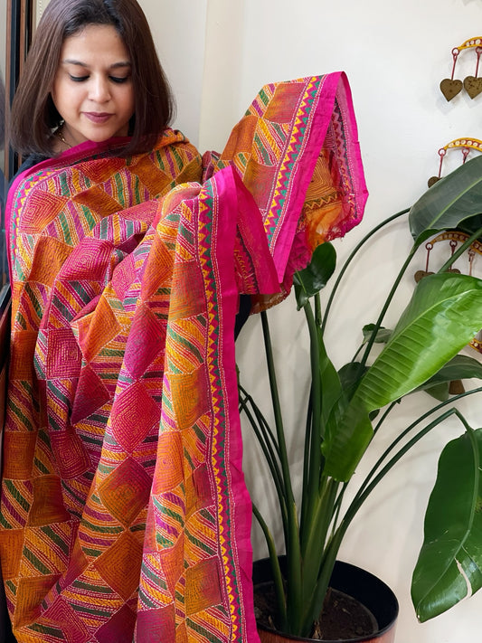 Pink, Yellow Handmade Kantha Dupatta in Silk