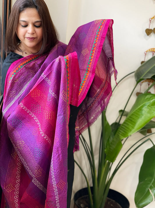 Purple, Pink Handmade Kantha Dupatta in Silk
