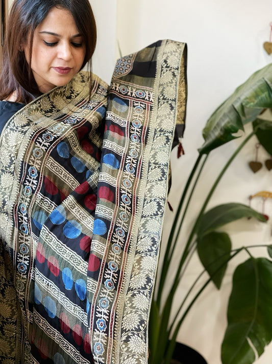 Ajrakh Handblock Printed Organza Crepe Dupatta with Banarasi Border