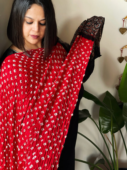 Red Bandhani with Ajrakh Dupatta in Modal Silk