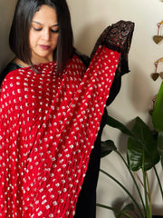 Red Bandhani with Ajrakh Dupatta in Modal Silk