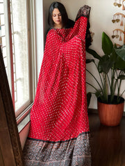 Red Bandhani with Ajrakh Dupatta in Modal Silk