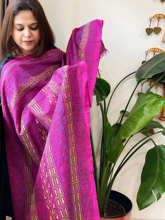 Pink Handmade Kantha Dupatta in Silk