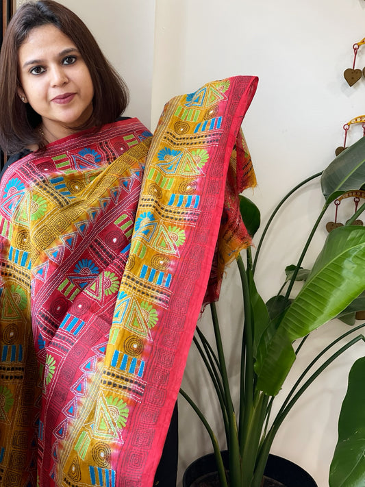 Red, Yellow Handmade Kantha Dupatta in Silk