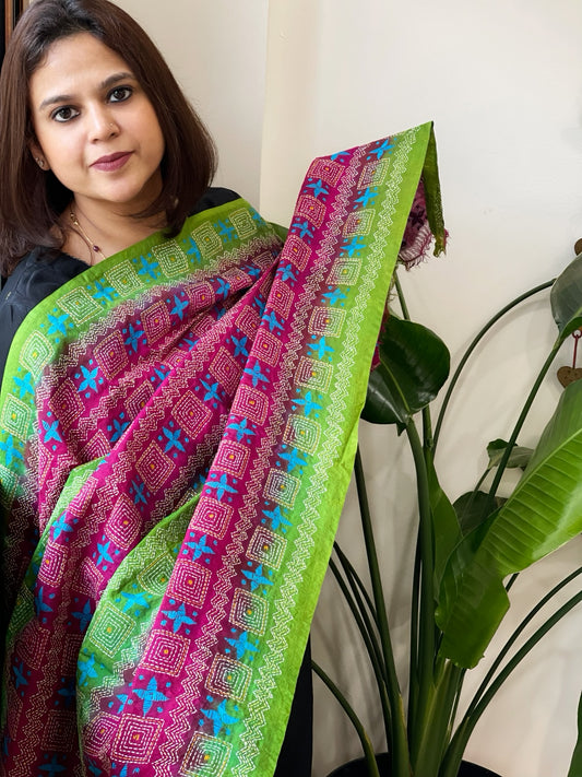 Green, Pink Handmade Kantha Dupatta in Silk