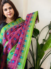 Green, Pink Handmade Kantha Dupatta in Silk