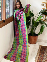 Green, Pink Handmade Kantha Dupatta in Silk