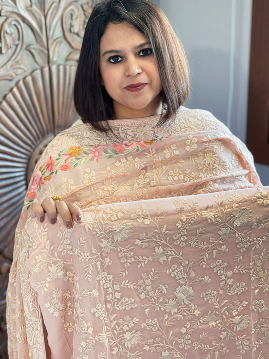 Peachish Pink Suit Set with Parsi Gara Embroidery in Georgette