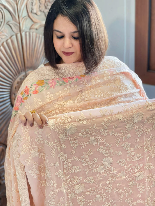 Peachish Pink Suit Set with Parsi Gara Embroidery in Georgette