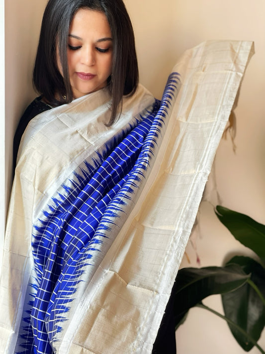 Blue Handwoven Ikat Dupatta in Pure Silk