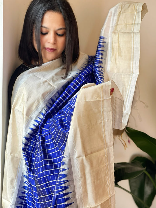 Blue Handwoven Ikat Dupatta in Pure Silk