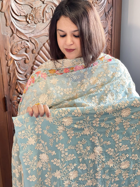 Blue Suit Set with Parsi Gara Embroidery in Georgette