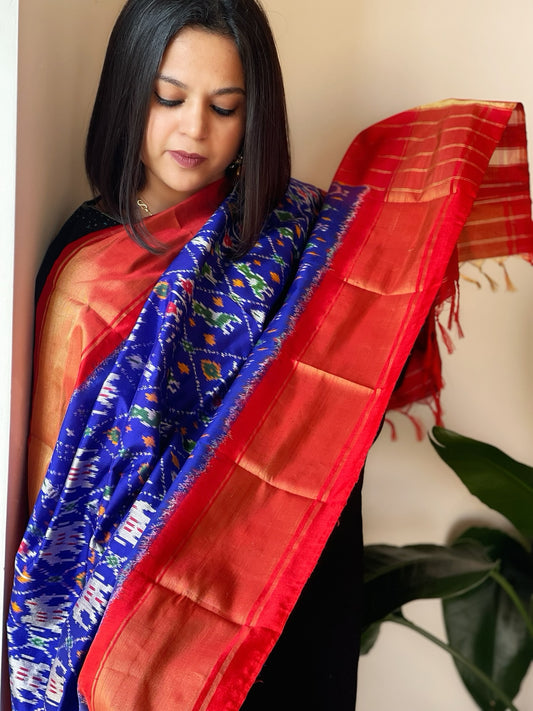 Blue Handwoven Ikat Dupatta in Pure Silk