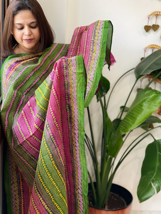 Green, Pink Handmade Kantha Dupatta in Silk