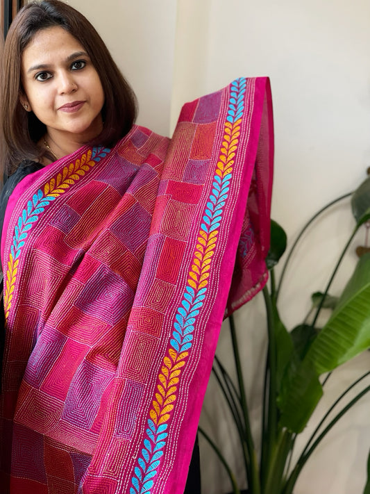 Pink Handmade Kantha Dupatta in Silk