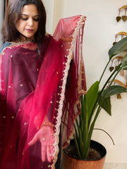 Maroonish Pink Net Dupatta with Pearl, Sequin and Cut Daana Embroidery