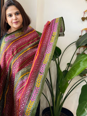 Green, Pink Handmade Kantha Dupatta in Silk