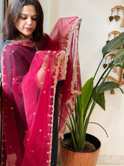 Maroonish Pink Net Dupatta with Pearl, Sequin and Cut Daana Embroidery