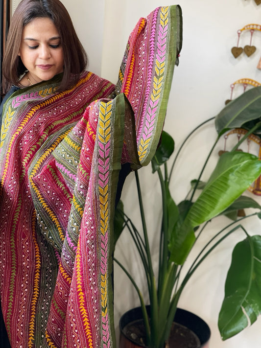 Green, Pink Handmade Kantha Dupatta in Silk