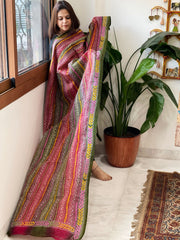 Green, Pink Handmade Kantha Dupatta in Silk