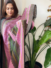 Lite Pink, Green Handmade Kantha Dupatta in Silk