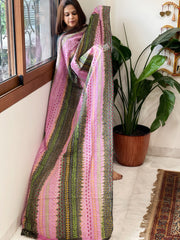 Lite Pink, Green Handmade Kantha Dupatta in Silk