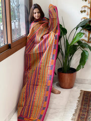 Pink, Yellow Handmade Kantha Dupatta in Silk